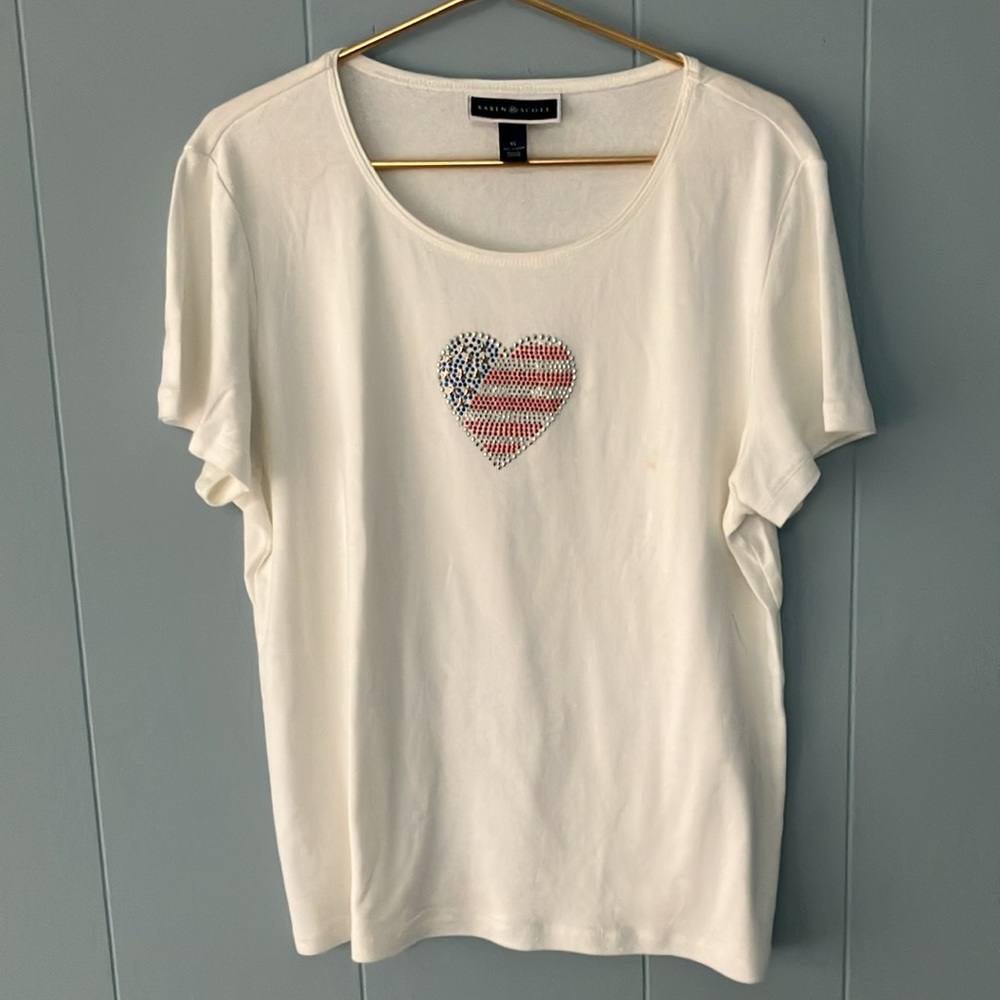 Karen Scott Patriotic Cotton Short Sleeve XL Tee  Sparkle R W & Blue Heart
